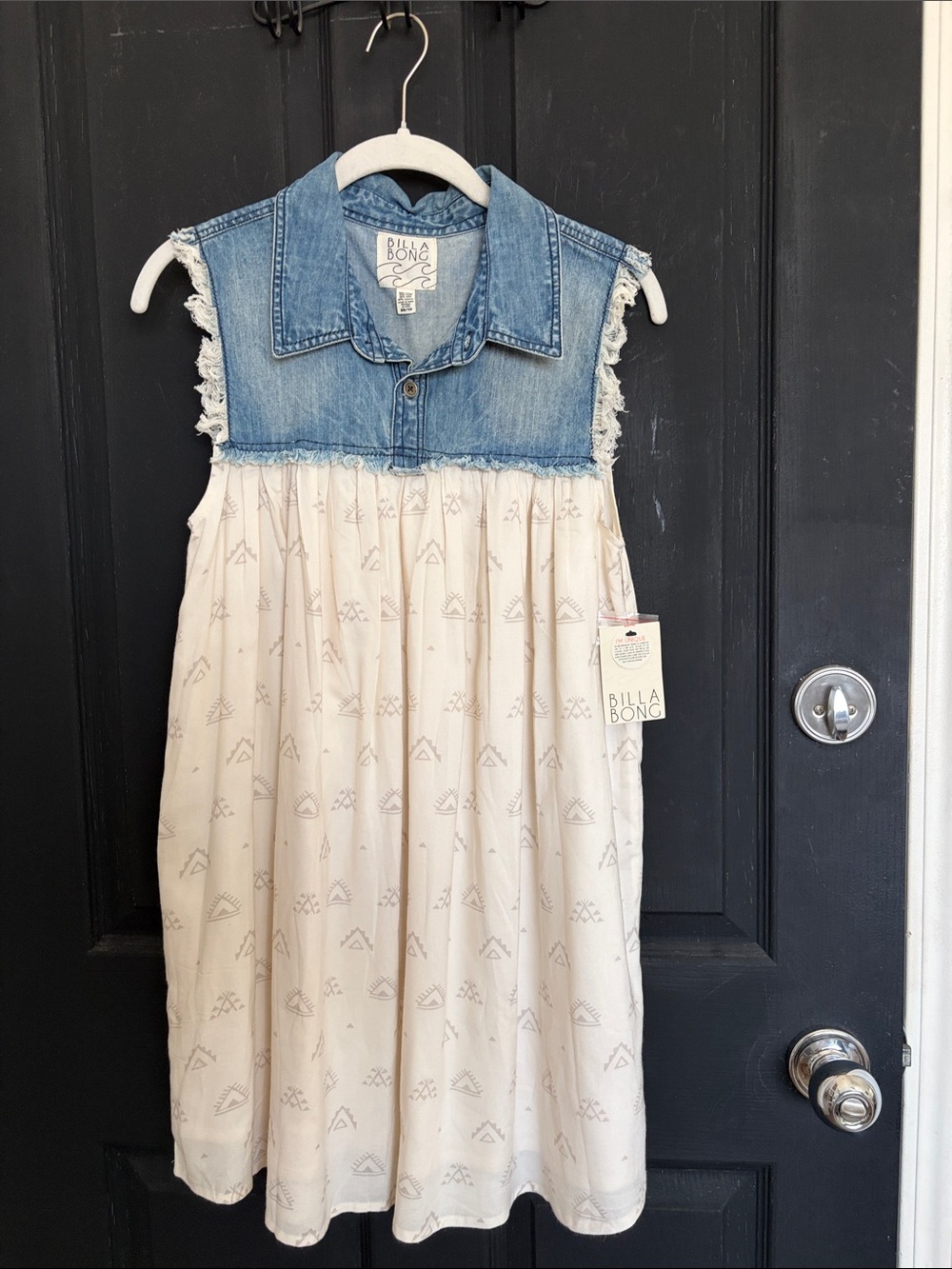 Billabong Denim-Yoke Cream Sundress with Frayed Trim
